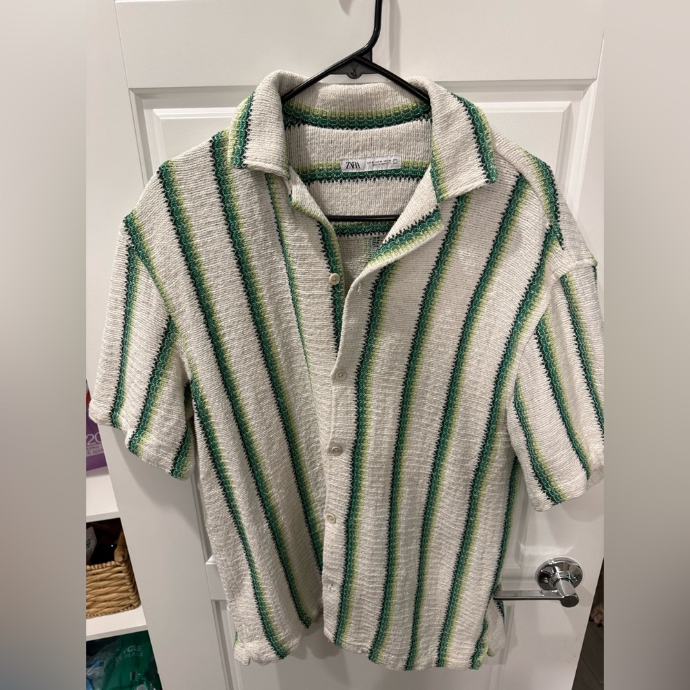 Zara White and Green Striped Casual Shirt